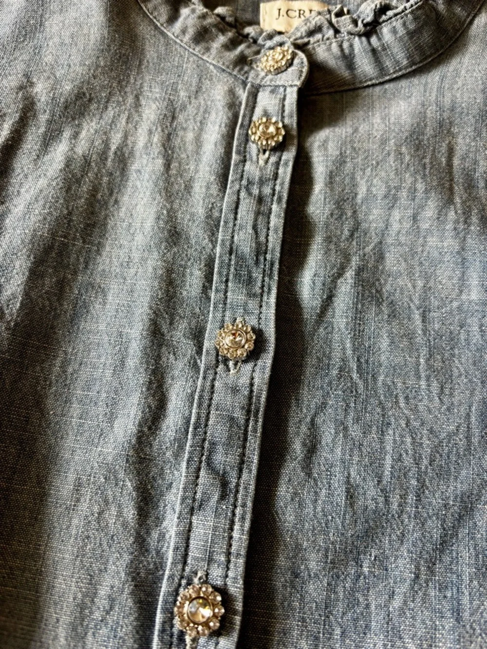 J. Crew Chambray Ruffle Collar Jewel Button-Front Blouse - Small